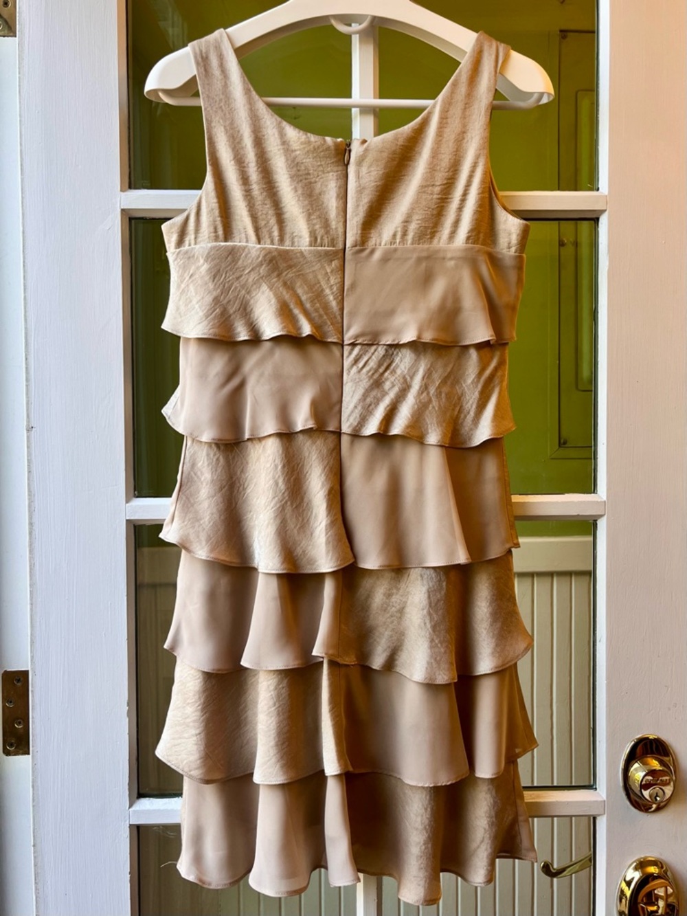 London Times Tiered Sleeveless Party Dress in Shimmering Beige & Mermaid Ruffles - Picture 2 of 5